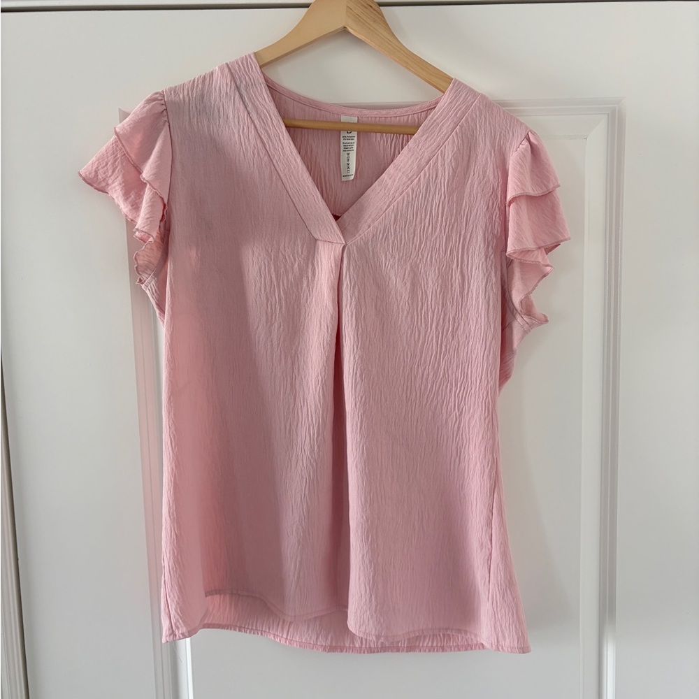 Pink Ruffle Sleeve V-Neck Top - Picture 2 of 4